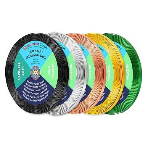 Image of Mandala Crafts 5mm Black Silver Copper Gold Tone Green Flat Aluminum Wire | 165 FT, Anodized, Colored, Tarnish Resistant, Bendable, Flexible, for Jewelry Making, Bezel, Bonsai, Armature, Outdoor