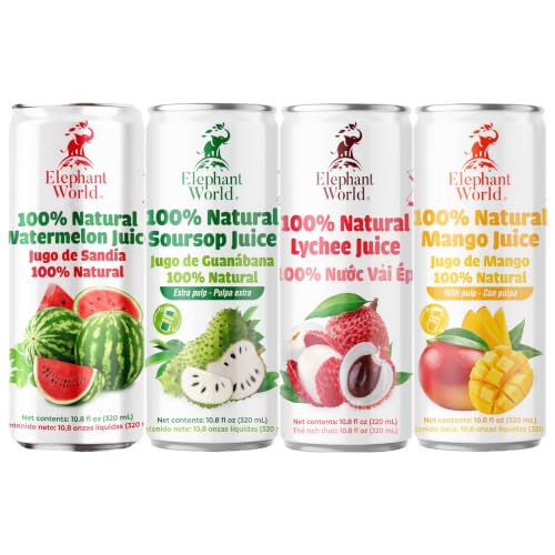 Image of Elephant World 100% Natural Soursop Juice | 100% Real Guanabana Soursop Graviola | NO Sugar added | NOT From Concentrate | NON GMO | 10.8 oz (Pack of 12) (10.8 oz (Pack of 12), Tropic Assortment (4 flavors x 3))