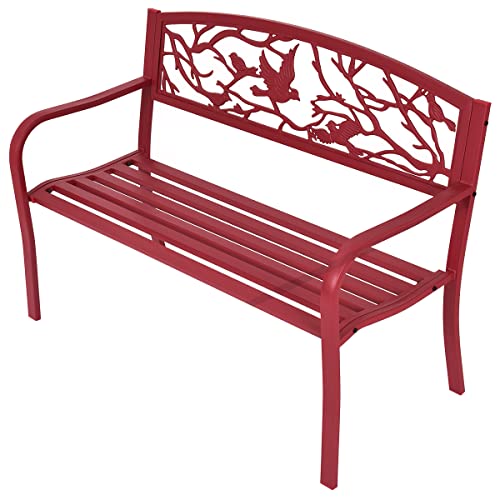 GOPLUS Banco de Jardín Exterior de Metal, Banco para 2-3 Personas con Respaldo Ergonómico y Reposabrazos Curvados, Asiento de Listones para Patio Terraza Piscina (Rojo, 123 x 60 x 88 cm)