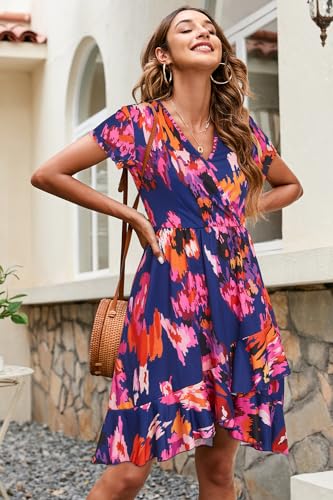 Image of ULTRANICE Womens Summer Dresses Floral V Neck Ruffled Hem Spaghetti Spring Casual Beach Outfits Flowy Wrap Sun Dress