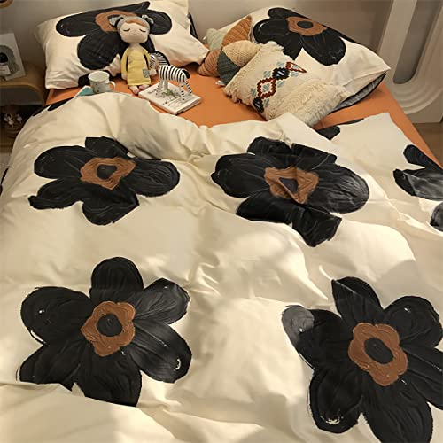 Image of KAREVER Black Floral Comforter Set Black Botanical Bedding Full Women Chic Blankets Lightweight Black Sunflower Reversible Bed Comforter Set Full Size