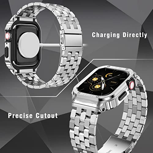 HASLFM Apple Watch Straps Compatible for Apple Watch Series 45mm 9/8/7,Rugged Metal Stainless Steel iWatch Band with Protective Case for Men,Silver - Image 4
