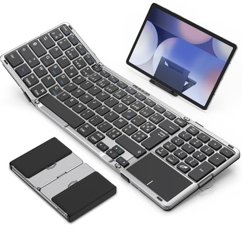 OMOTON Clavier sans Fil Pliable avec Pavé Tactile et Pavé Numérique, Clavier Bluetooth AZERTY Rechargeable, Multi-appareils, Portable Keyboard pour PC...