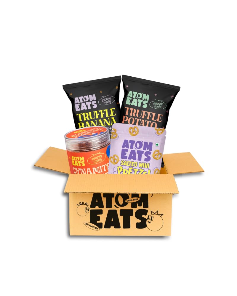 Atom Eats Father's Day Gift Hamper | King of Crunch | Father's Day Hamper (Pack of 4) | Assorted Salted Pretzels, Spicy Dynamite Peanuts, Cheese Spinkled Banana & Potato Chips | Premium Gifting for Dad | Imported Quality Snacks | 240g