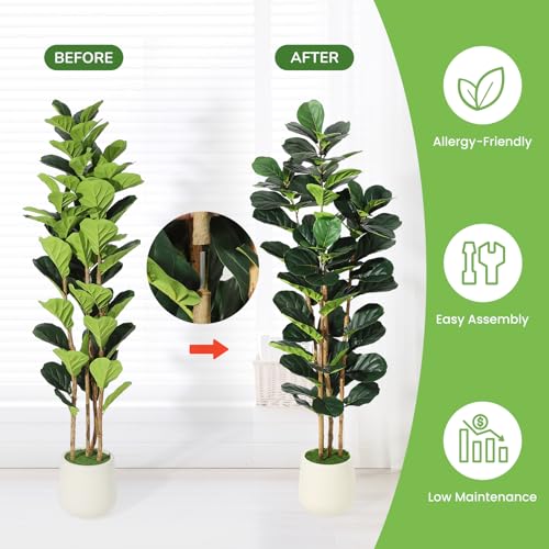 Artificial Fiddle Leaf Fig Tree with White Planter, 6ft Tall Fake Plant with Natural Wood Trunk, Faux Ficus Tree Potted Moss for Home Office Living Room Decor