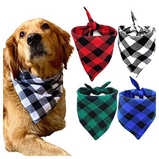 Realeaf Dog Bandanas 4 Pack, Plaid Pet Scarves Reversible Checkered Kerchief Classic Triangle Dog Bibs Costume Decoration Accessories for Big Dogs Pets