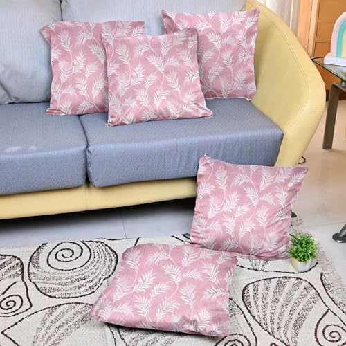 Image of Divine Casa Cushion Covers Set of 5 Light Pink | 16x16 Inch Jacquard Sofa Cushion Covers | Decorative Leaf Pattern Throw Pillow Covers for Kids Room & Living Room