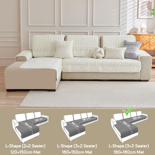 Image of HOKIPO Bellelace Velvet Sofa Cover L Shape 6 Seater Mat, 3+3, Pearl White
