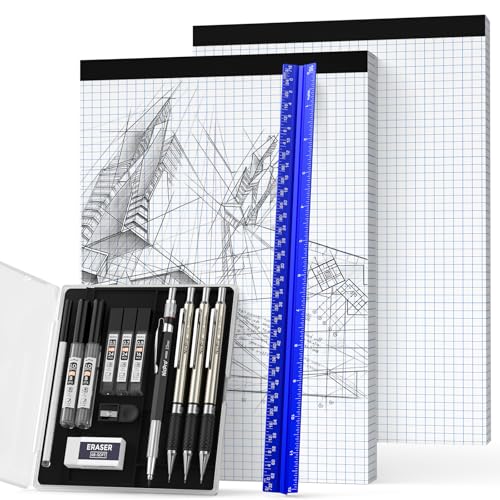 Nicpro 16PCS Drafting Tools with 12‘’ Aluminum Architectural Scale Ruler, Mechanical Pencils 0.5, 0.7, 0.9 & 2mm, Lead Refills, 2 Pack Graph Paper, Geometry Drawing Kit for Engineers Students Design