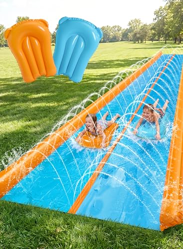 Sloosh Toboggan aquatique double 762 × 183 cm avec arroseur et 2 tapis gonflables pour adultes et enfants, idéal pour les fêtes d'été, le jardin et les activités...