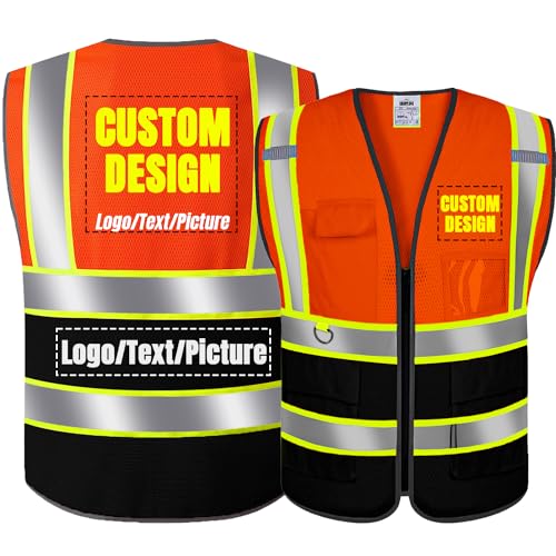 BeautyWill Custom Logo Class 2 Safety Vest Customized Reflective Work Vest Personalized High Visibility Vest with Pockets?Orange Black?4XL?