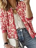 ECOWISH Women's Casual Floral Zip Up Bomber Jacket Coat Crew Neck Lightweight Short Camo Outwear Tops Windbreaker with Pocket 3303 Red XX-Large