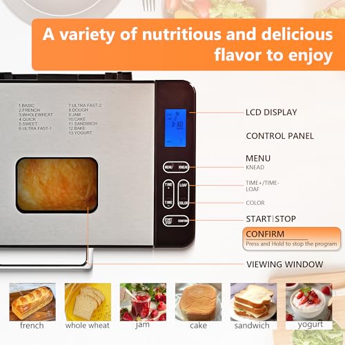 Image of EUHOMY Bread Maker Machine 2LB Bread Maker for 3 Loaf Sizes & 3 Crust Colors - Ideal for Family Gifts, Breadmaker with Stainless Steel and Fruit & Nut Dispenser, Gluten Free