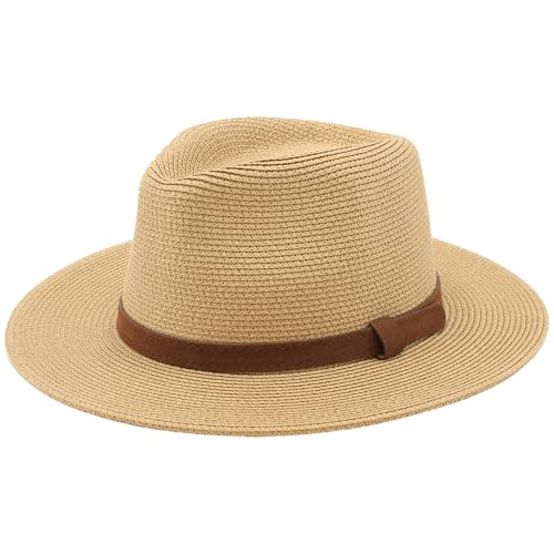 Sombrero Panamá de Verano, Sombrero de Paja Panamá para Mujer y Hombre Unisex, Sombrero de ala Ancha UPF 50 Plegable y Trenzado Intensivo (FR/ES, Letras, Talla única, Marrón, Banda Marrón Cuero)