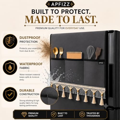 Image of Premium Decorative Refrigerator Cover with Tassel Lace & 6 Side Pockets | Waterproof, Dustproof & Washable Polyester Fridge Top Protector | Kitchen Organizer | 130 x 54 cm | Dark Grey