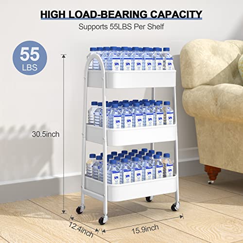 EAGMAK 3 Tier Utility Rolling Cart, Metal Storage Cart with Handle and Lockable Wheels, Multifunctional Storage Organizer Trolley with Mesh Baskets for Kitchen, Living Room, Office, Garage (White)