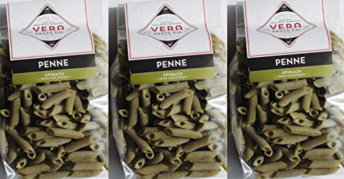 Vera Pasta Co Fresh Spinach Penne Pasta - Gourmet Italian Pasta for Authentic Taste & Texture - Artisan, Fresh Pasta Made in the USA - All Natural, High-Protein Penne Pasta - 3 x 15 ounce packages