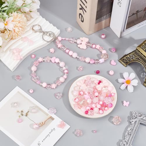 SOFPLATE 1 Box 356Pcs Acrylic Pink Assorted Beads Aesthetic Crystal Beads Bowknot Candy Butterfly Heart Flower Stars Cute Round Beads Kits for Bracelet Necklace Jewelry Making DIY Crafts Phone Charm - Image 4
