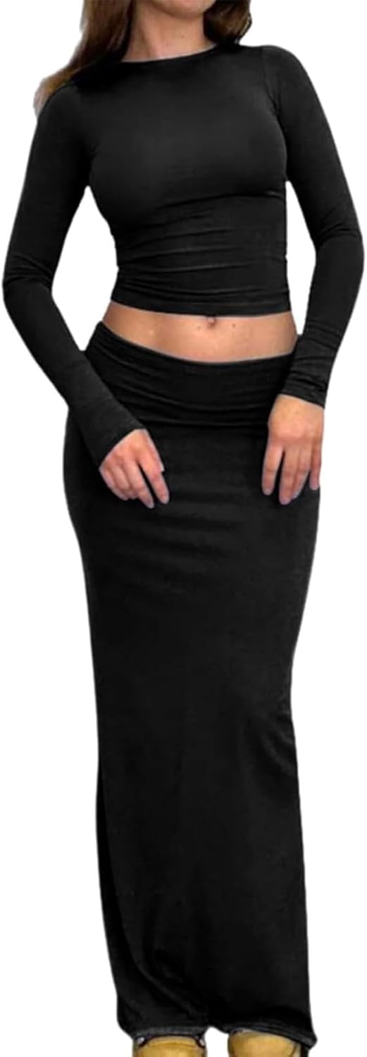 Two Piece Skirt Set for Women 2 PC Y2K Outfits Long Sleeve Tshirts Tops Bodycon High Waist Maxi Skirts - Image 6