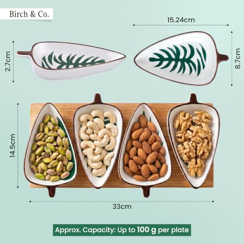 Image of Birch & Co. Ceramic Leaf Serving Platter Set with Wooden Tray - Set of 4 Leaf-Shaped Snack Plates - Serving Tray for Dry Fruits, Sweets, Snacks, Decorative Tableware for Home & Parties, Green