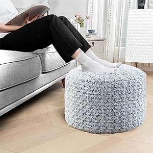Round Stuffed Pouf Ottoman Floor Foot Stool Floor Pouf Chair for Living Room Bedroom Foot Rest for Couch 20 In Diameter x 12 In Height Ottoman Foot Rest with Filler (Gray White Pouf with Filler)