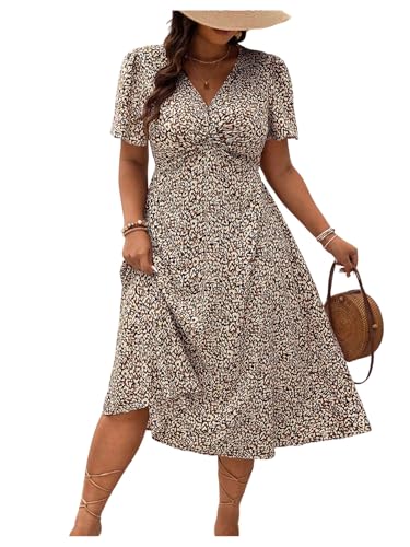 Image of Floerns Women's Plus Size Twist Front V Neck Midi Dress Short Sleeve A Line Dresses