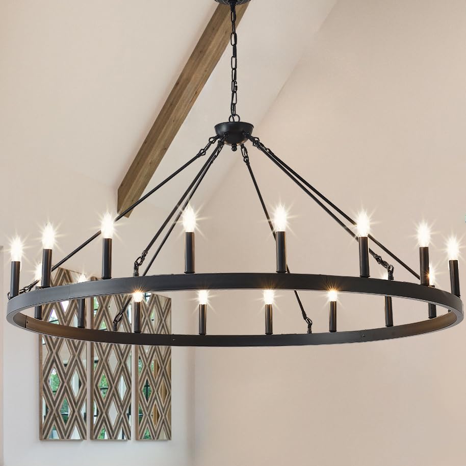 53 Inch Large Black Wagon Wheel Chandelier 18-Light Farmhouse Wagon Wheel Chandeliers Round Industrial Ceiling Light fixtures for Outdoor Porch high Ceilings Living Dining Room Foyer Entryway