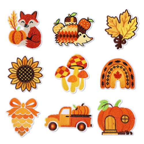 9pcs Thanksgiving Iron on Patches, Autumn Embroidery Repair Patch Maple