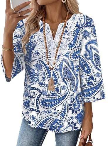 Image of WIHOLL 3 /4 Length Sleeve Womens Tops Boho V Neck Lace Shirt Trendy Blouses Dressy Casual Vacation Clothes S-3XL