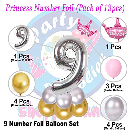 Image of Pink 32 Inches Numbers 9 Shape Large Big Foil Helium Balloons For Party Decorations In Happy Birthday Anniversary Office Items Materials Set Pack, 13 Pcs
