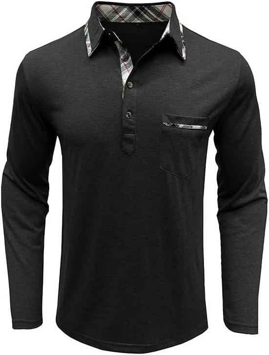 Mens Long Sleeve Polo Shirts Casual Button Moisture Cotton Tees Stylish Tops Golf Shirts with Pocket - Image 3