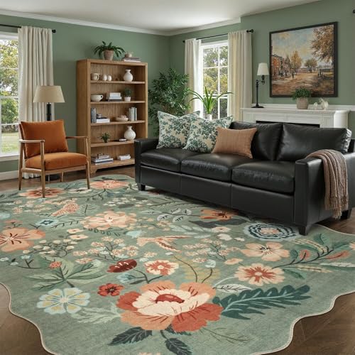 DCX Sage Green Floral Rug, 9x12 Area Rug Washable Vintage Carpet, Soft Non Slip Stain Resistant, Scalloped Green Rugs for Living Room, Bedroom, Dining Room, Nursery 9' x 12' (Rectangular) Gr