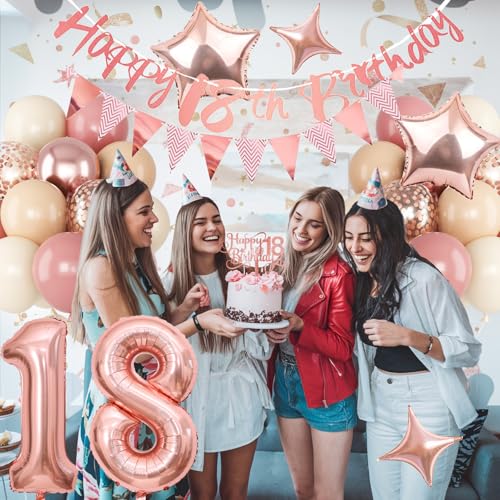 Image of Jobkoo 18th Birthday Decorations for Girls, Retro Pink Nude Number 18 Balloon Set Happy 18th Birthday Banner Cake Topper Dusty Pink Beige Rosegold Star Balloons for Boho 18 Year Old Bday Party Decor