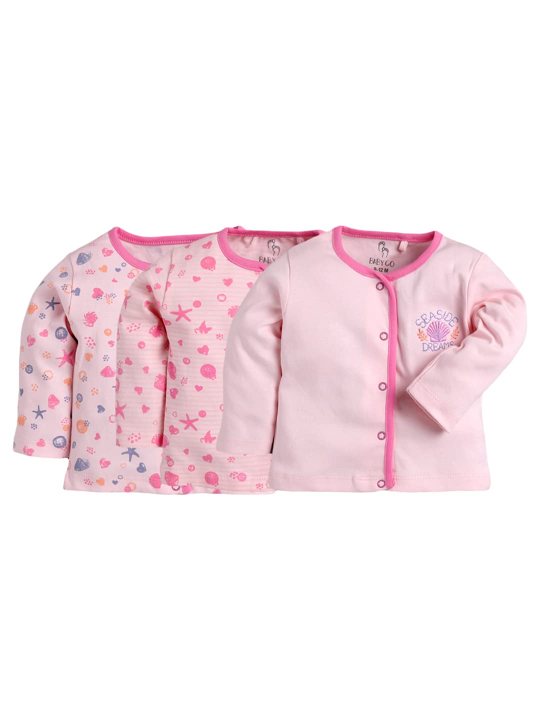 Baby Go Unisex Langarm-T-Shirt aus 100 % Baumwolle, vorne offen, 3er-Pack, weich und atmungsaktiv, mit Druckknöpfen, bequemes Schichtoberteil für Babys