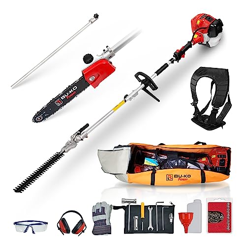 BU-KO 52cc Long Reach Petrol Hedge Trimmer and Pruner Saw with 75cm Extension Pole and Toolbag for...