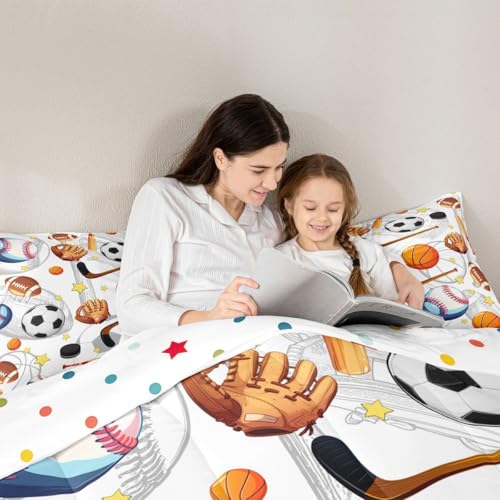 Image of Feelyou Soccer Basketball Comforter Set King Size Football Baseball Hockey Bedding Set for Kids Boys Girls Gaming Sports Duvet Quilt Bedroom Decor Microfiber 3 Pcs with 2 Pillow Cases
