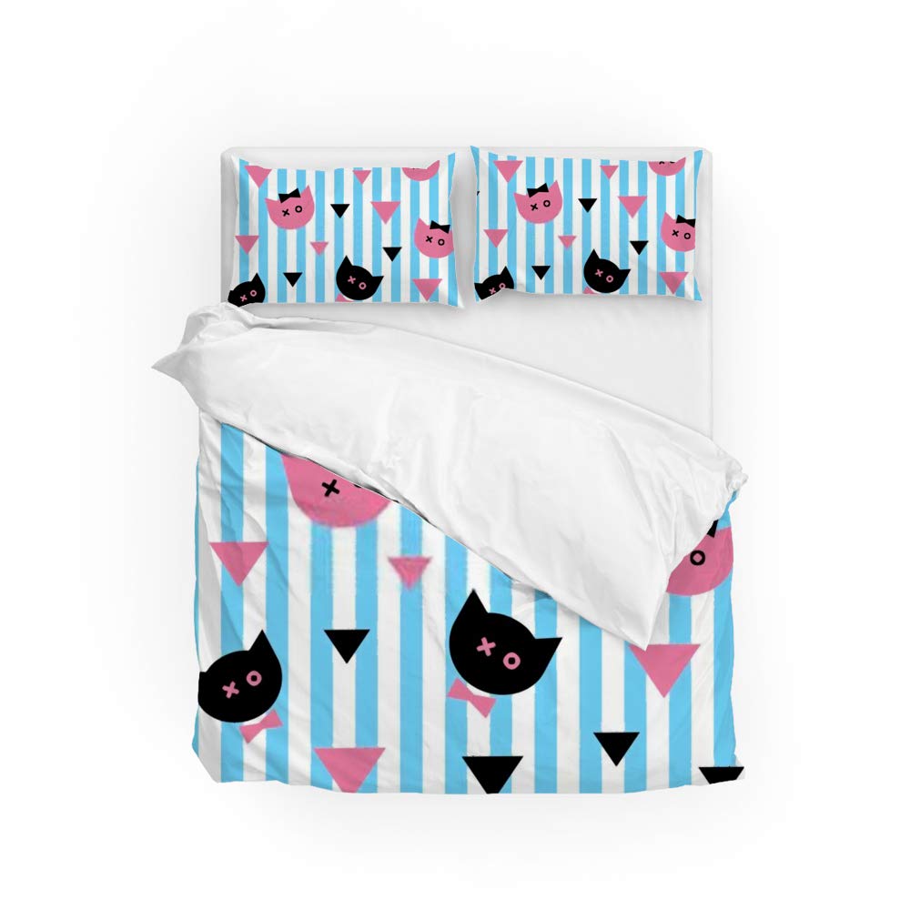 Taie d'oreiller et housse de couette chat rose anti-décoloration | Parure lit 3 pièces durable