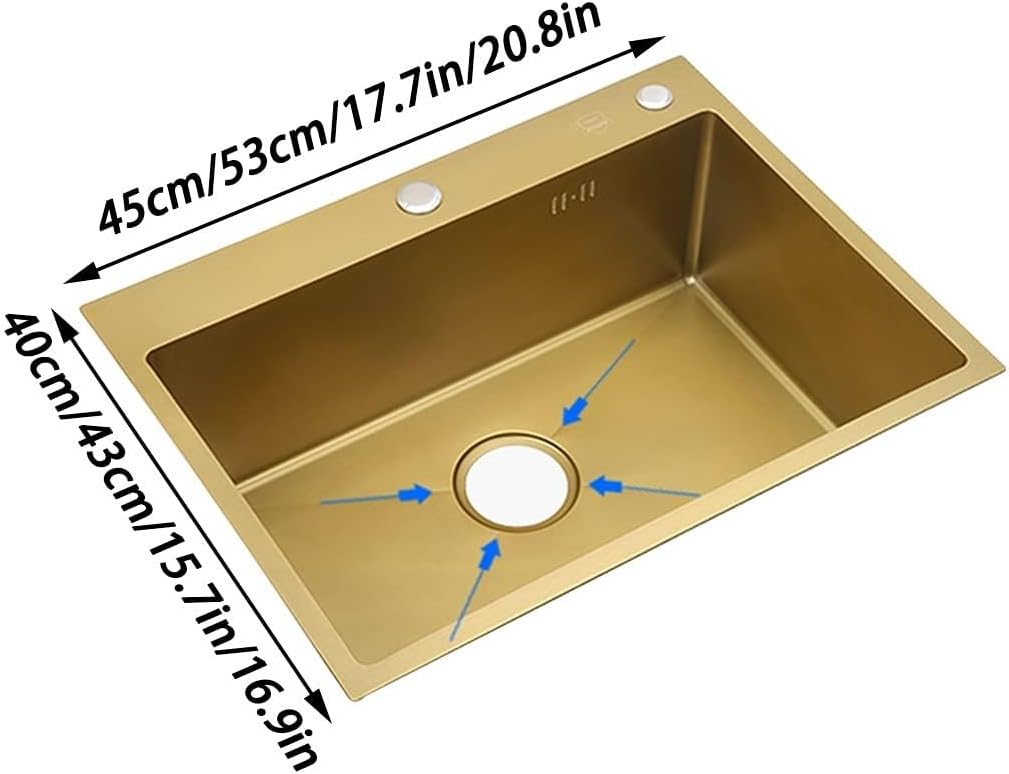 Stainless Steel Single Bowl Bar Prep Sink with Drain - Modern 304 Kitchen Sink for Home & Commercial Use(45x40x21cm) (Gold 53x43x21cm)