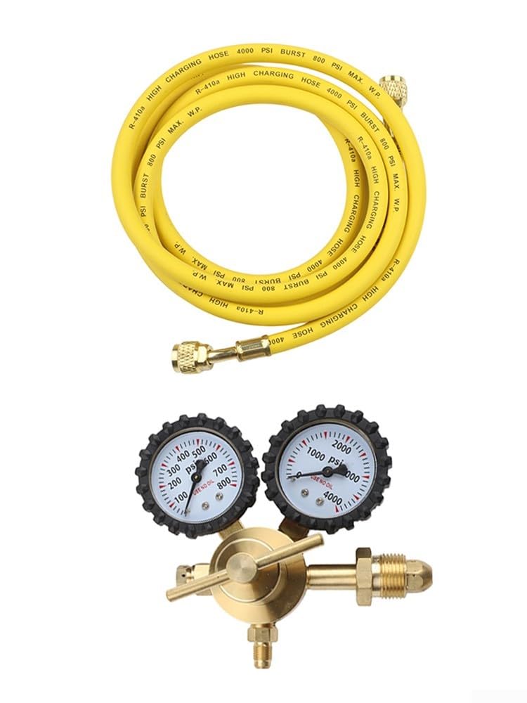 Regolatore di pressione azoto in ottone con connettori G5/8 e CGA580, ingresso 1-200 bar, uscita 1-60 bar, manometro integrato da 200 bar, portata 25 m³h, tubo da 2 m per uso industriale (B)