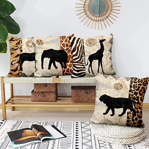 Animal Print Pillow Covers 18X18 Set Of 4, African Animals Throw Pillow Covers Zebra Leopard Pillowcase Giraffe Elephant Horse Rustic Cabin Cushion Cases For Home Farmhouse Outdoor Yard #TOP1