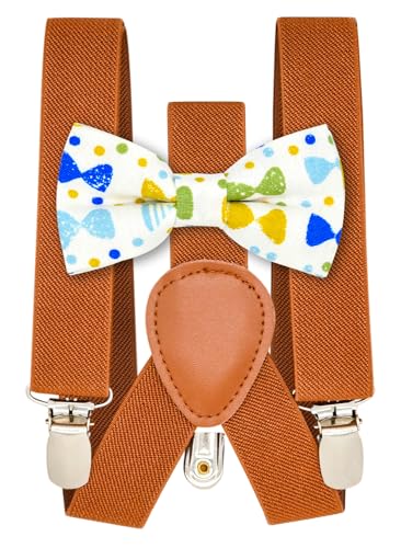 Qenidm Boy Suspenders Bow Tie Set, Terracotta Suspenders with Beige Bow