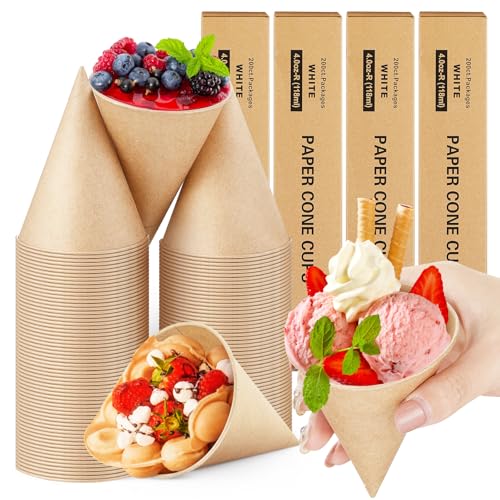 Roshtia 800 Pcs 4oz Paper Cone Cups Thicken Cone Cups Disposable Cone Paper Cups Shaved Ice Cups for Snow Cone, Charcuterie Cones, Confetti Cones and Water Cooler Dispenser (Kraft Paper Color)
