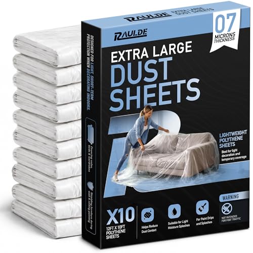 12x10FT 10 Pack Extra Large Plastic Dust Sheets for Decorating - 3.6M x 3M- Plastic Dust Sheets for Painting - Clear Plastic Sheet for Furniture & Floor - Polythene Sheeting - Decorating Sheet -RAULDE