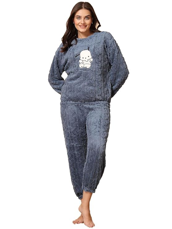 Women Fleece Winter Night Suit with Puppy Patch & Warm Pajama-image-15
