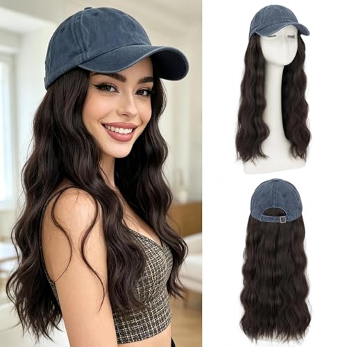 Benehair Hat Wig Extensions, Baseball Cap with Synthetic Hair Attached, Adjustable Wig Hairpieces for Women Daily Outdoor, 18 Inch Long Wavy Deep Brown Hair with Navy Blue Cap