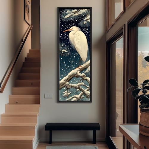 Tableau aigrette blanche art mural vertical japonais Ukiyo-e décoration peinture côtière