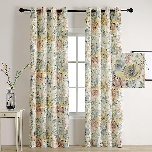 Image of Cotton Curtains 95 Inch for Bedroom Burlap Effect Linen Curtain Draperies for Living Room Vintage Printed Pattern Drapes with Grommet Top Window Drapes,2 Panel, 52 x 95 Inch, Yellow and Natural