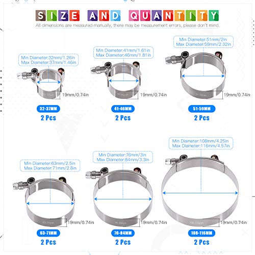 Glarks 12Pcs 6 Sizes 32116mm Stainless Steel TBolt Hose Clamps Turbo