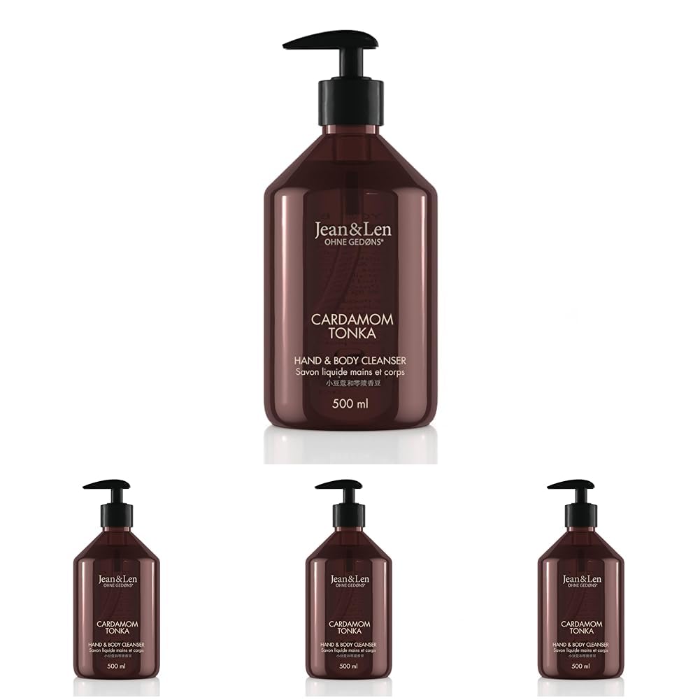 Jean & Len Hand & Body Cleanser Cardamom & Tonka, für ein duftendes Reinigungserlebnis, Körper- & Handseife in einer hochwertigen Flasche, exotisch-würziger Duft, vegan, 500 ml (Packung mit 4)