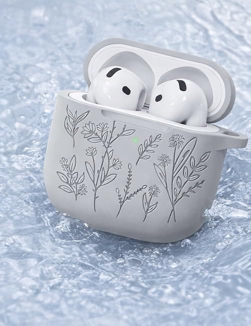 Image of Meyaar Silicone Case for AirPods 4 Floral Embossed, Flower Engraved Soft Silicone Cover with Keychain, Anti-Scratch, Shockproof Protective Case Cover (Light Grey, for AirPods 4 (2024)